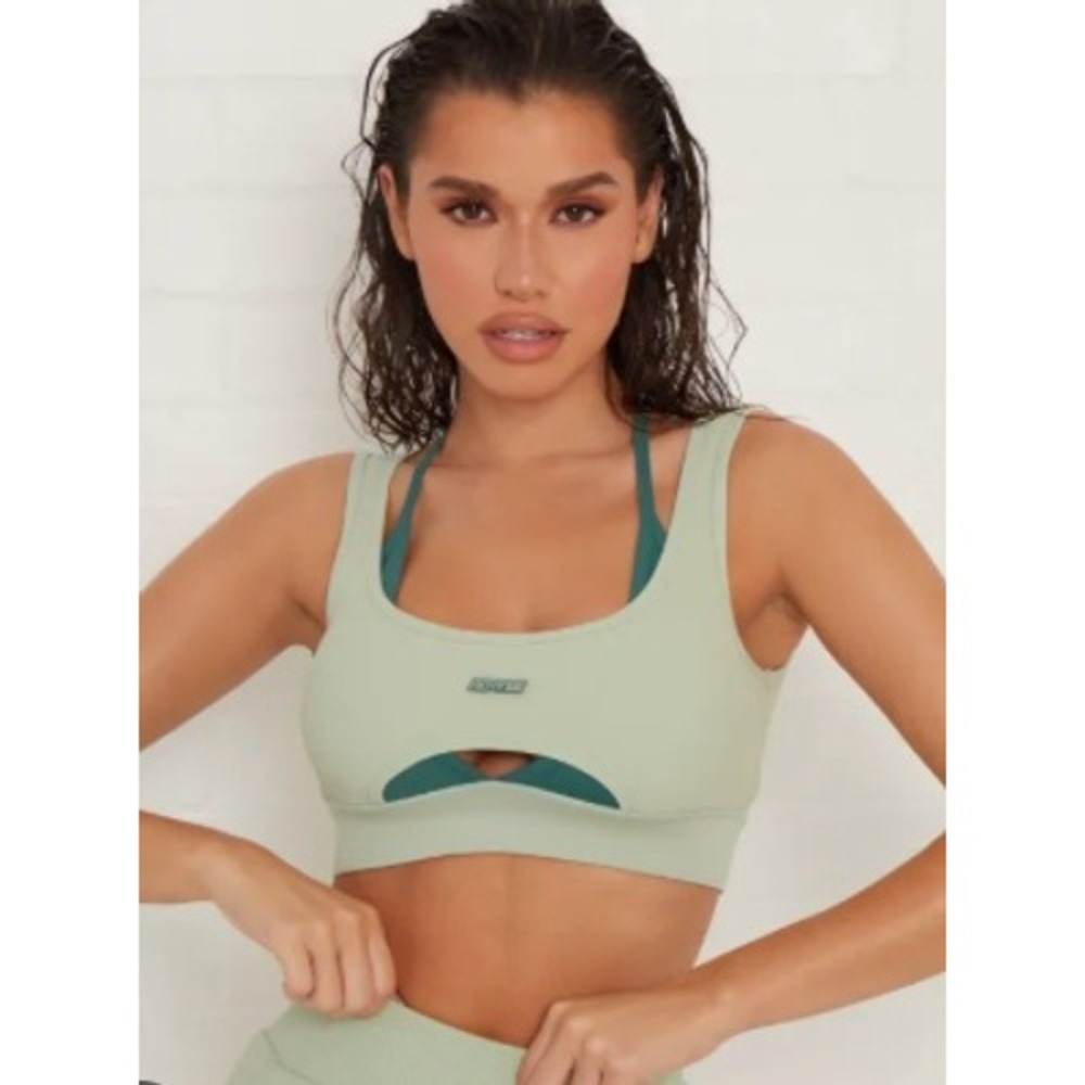Bo+Tee Womens Ribbed Layered Sports Bra Mint Green Cutout Activewear XS